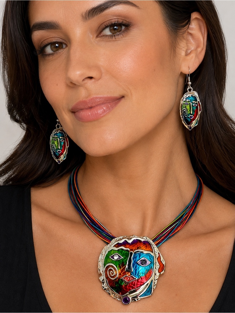 Multicolor Metal & Enamel with Rhinestones Necklace & Earrings Set